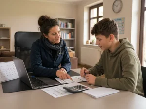 Frau erklärt am Schreibtisch