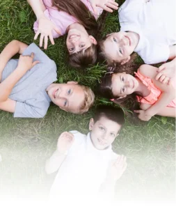 Top view happy kids smiling camera