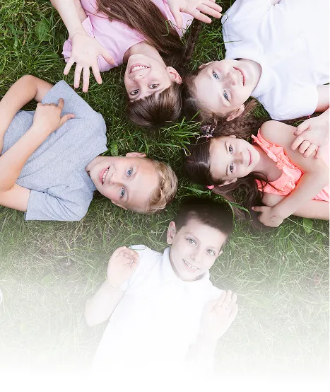 Top view happy kids smiling camera